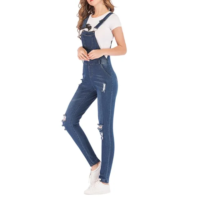 2021 New Fashion Lady Blue Denim Overalls Jumpsuit Rompers Belted Hole Hollow Out Pocket Women Casual Female Pants Hot