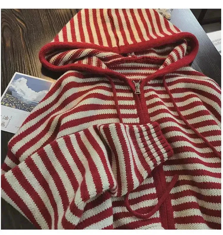 Aiertu Oversized Knitted Striped Hooded Cardigan Women Autumn Winter Loose Casual Zipper Sweaters Versatile Knitting Outerwear