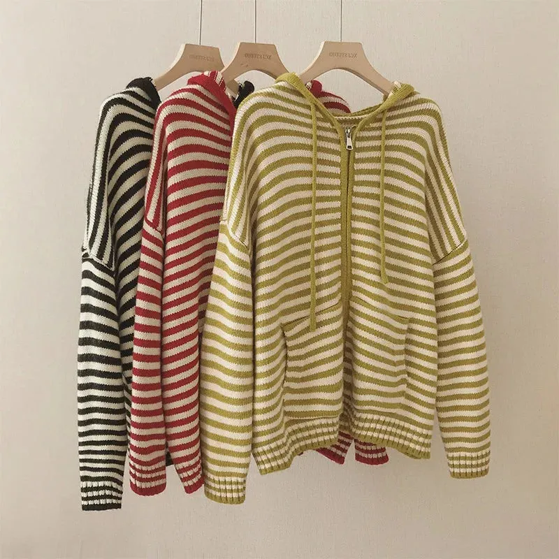 Aiertu Oversized Knitted Striped Hooded Cardigan Women Autumn Winter Loose Casual Zipper Sweaters Versatile Knitting Outerwear