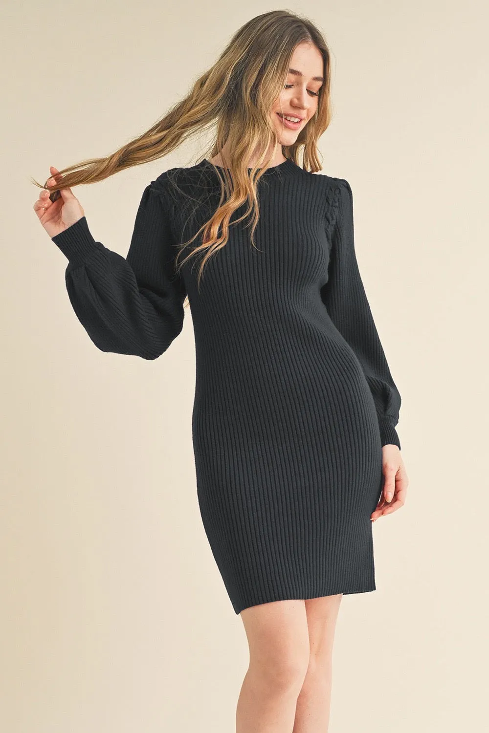 Amber Mock Neck Knit Sweater Dress: Black