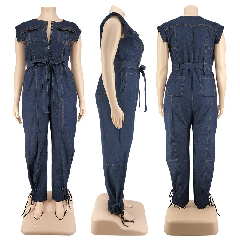 Basic Plus Size Women Clothing Overalls Casual Office Ladies Playsuits Female Pantalon Streetwear Romper Blue Denim Jumpsuit