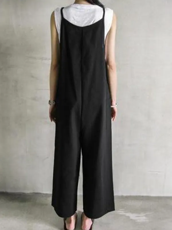 Black&Khaki Casual Spaghetti-Neck Loose Wide-Leg Overalls