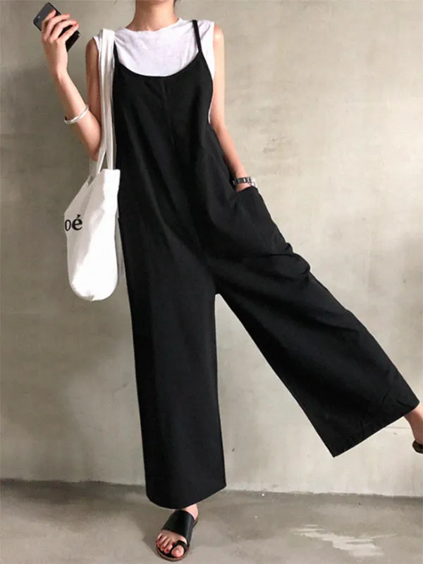 Black&Khaki Casual Spaghetti-Neck Loose Wide-Leg Overalls