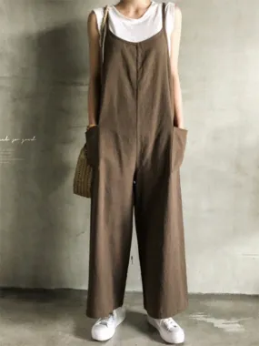 Black&Khaki Casual Spaghetti-Neck Loose Wide-Leg Overalls