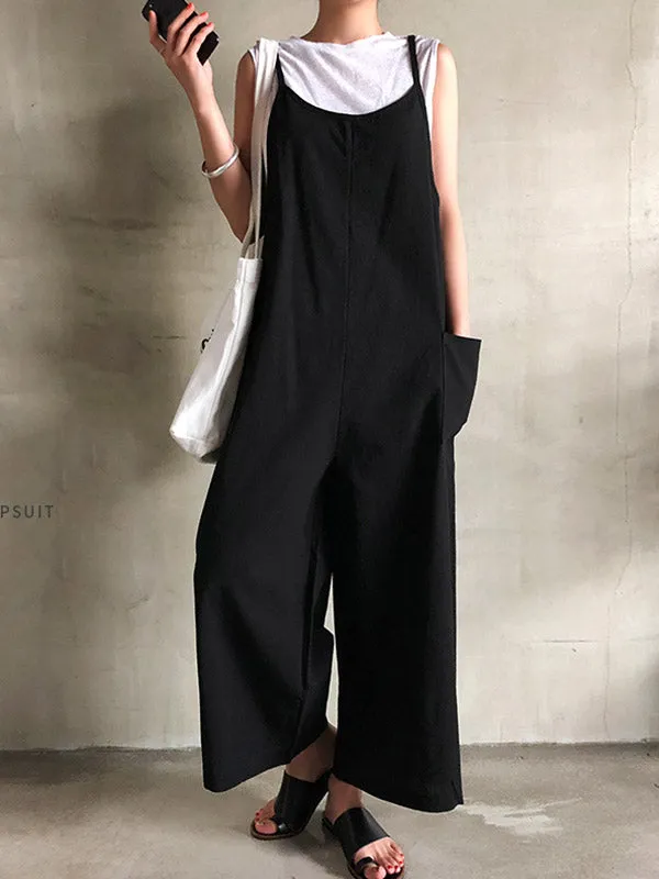 Black&Khaki Casual Spaghetti-Neck Loose Wide-Leg Overalls