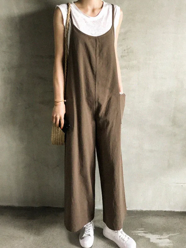 Black&Khaki Casual Spaghetti-Neck Loose Wide-Leg Overalls