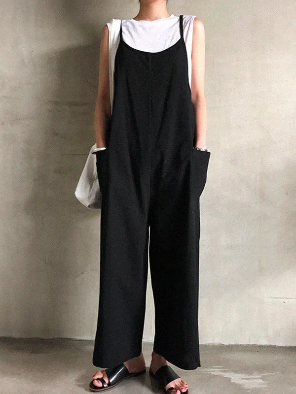 Black&Khaki Casual Spaghetti-Neck Loose Wide-Leg Overalls