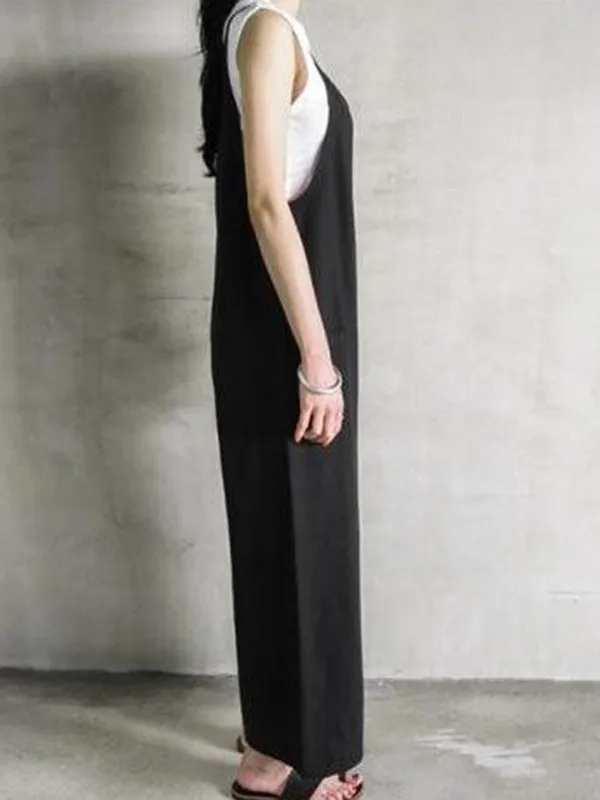 Black&Khaki Casual Spaghetti-Neck Loose Wide-Leg Overalls