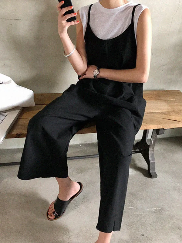 Black&Khaki Casual Spaghetti-Neck Loose Wide-Leg Overalls