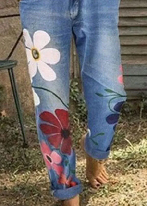 Boho Sunflower Print Denim Jumpsuit