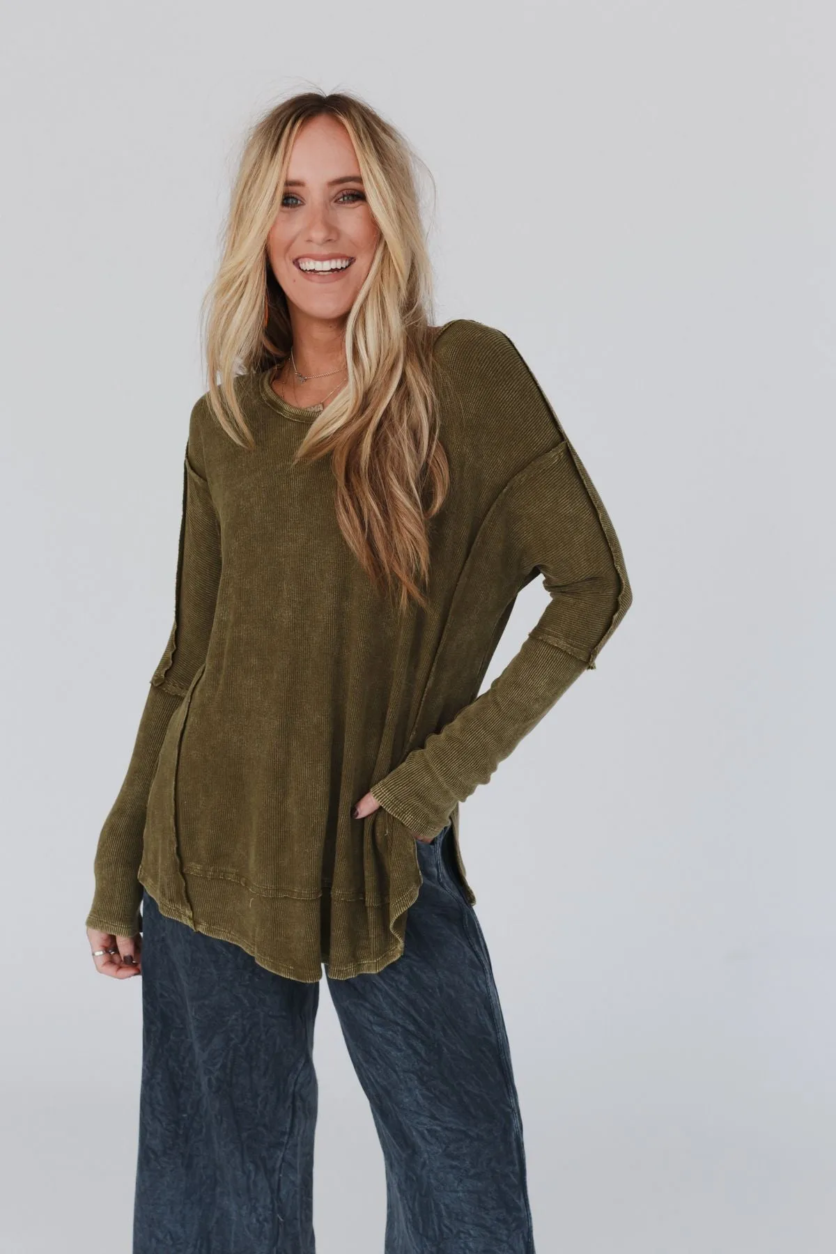 Cant Miss Thermal Knit Top - Olive