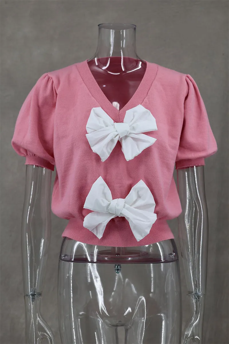 Casual Daily Solid Color Bow Decor V Neck Sweaters