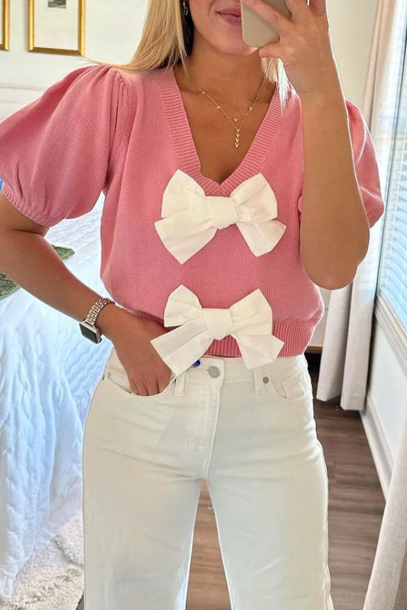 Casual Daily Solid Color Bow Decor V Neck Sweaters