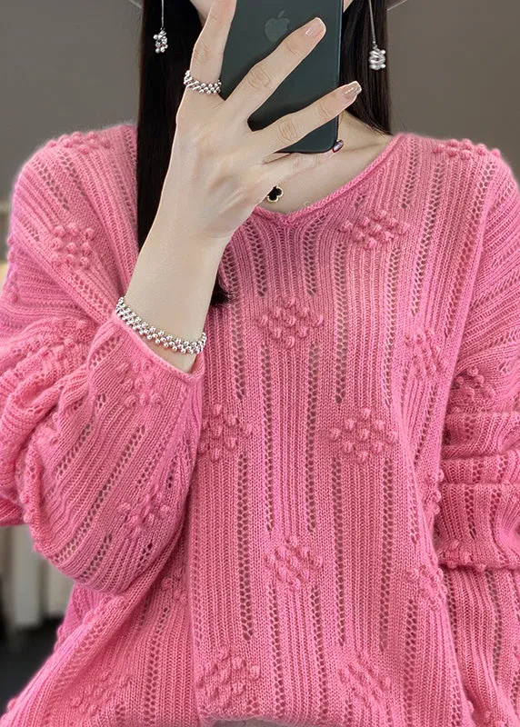 Casual Rose V Neck Hollow Out Cotton Knit Sweaters Fall QP016