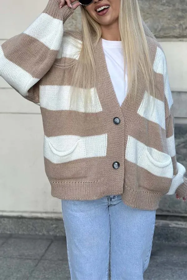 Casual V-neck Long-sleeved Striped Pocket Knitted Cardigan