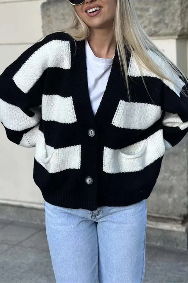 Casual V-neck Long-sleeved Striped Pocket Knitted Cardigan