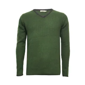 Cedak Green Cashmere V Neck Sweater with contrast