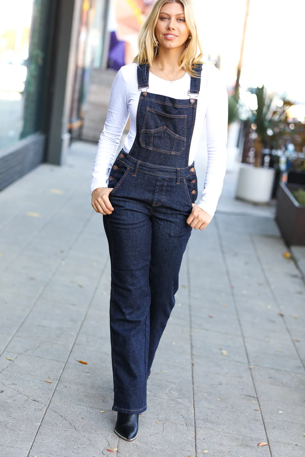 Dark Denim High Waist Wide Leg Overalls