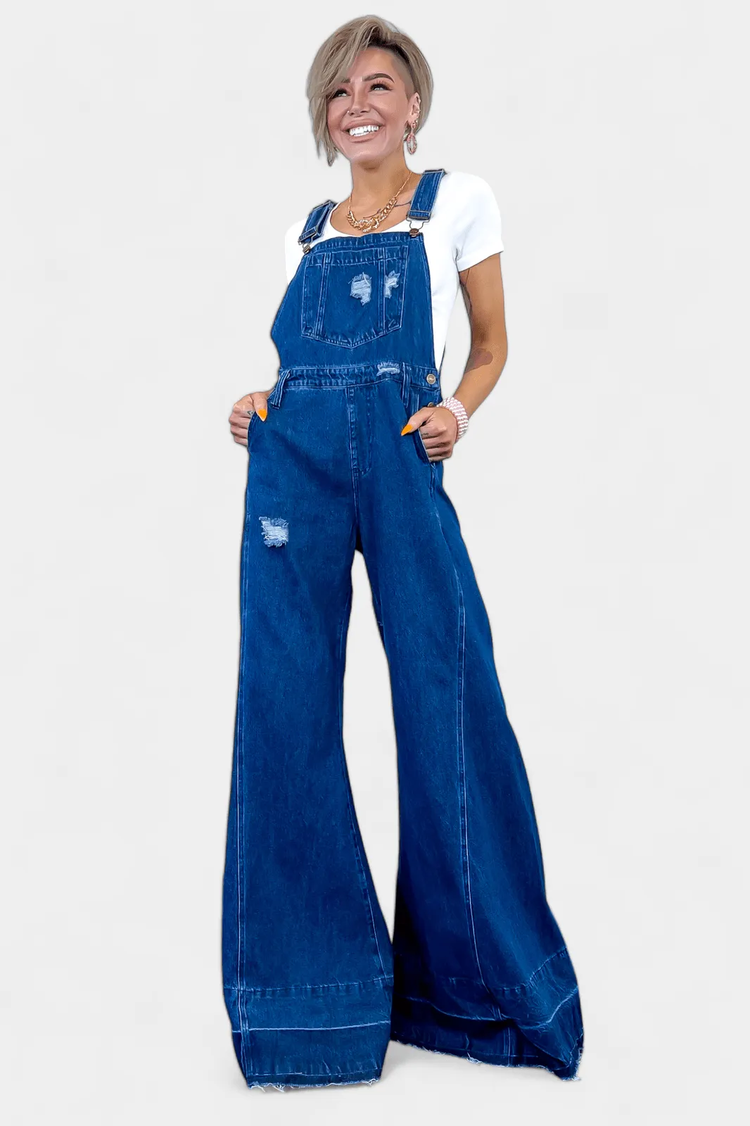 Dark Denim Wide Leg Overalls