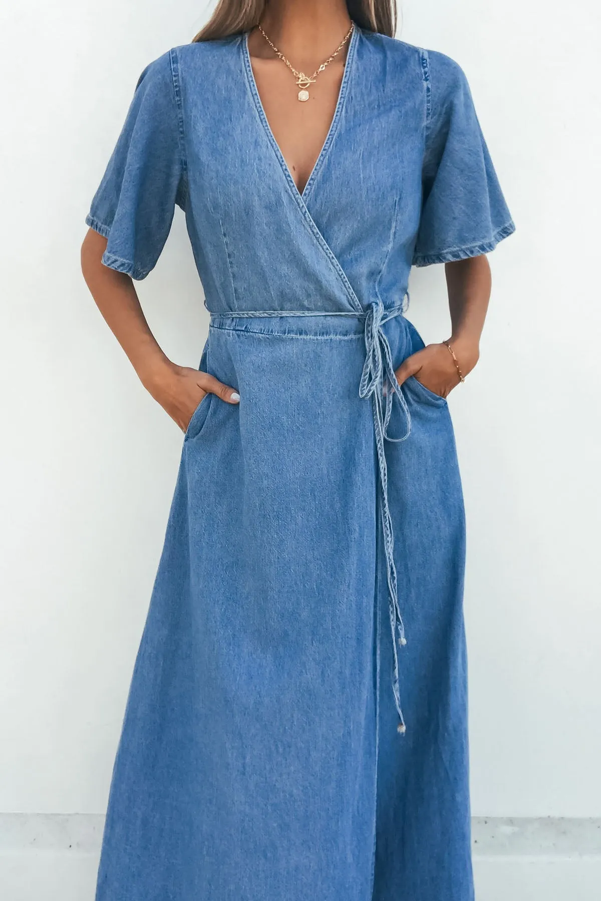 Denim Wrapped Front Maxi Dress