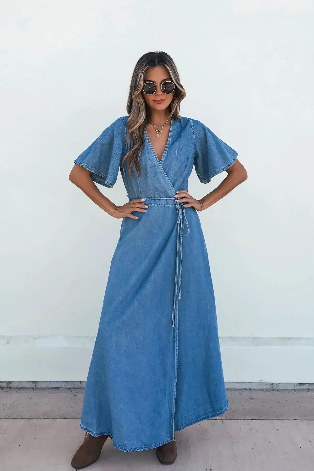 Denim Wrapped Front Maxi Dress