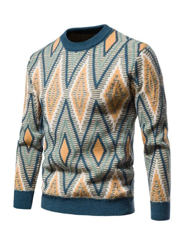 Diamond Jacquard Men Crew Neck Pullover Sweater