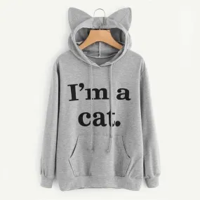 Grey Slogan Print Front Cat Ear Cute Sweatshirt