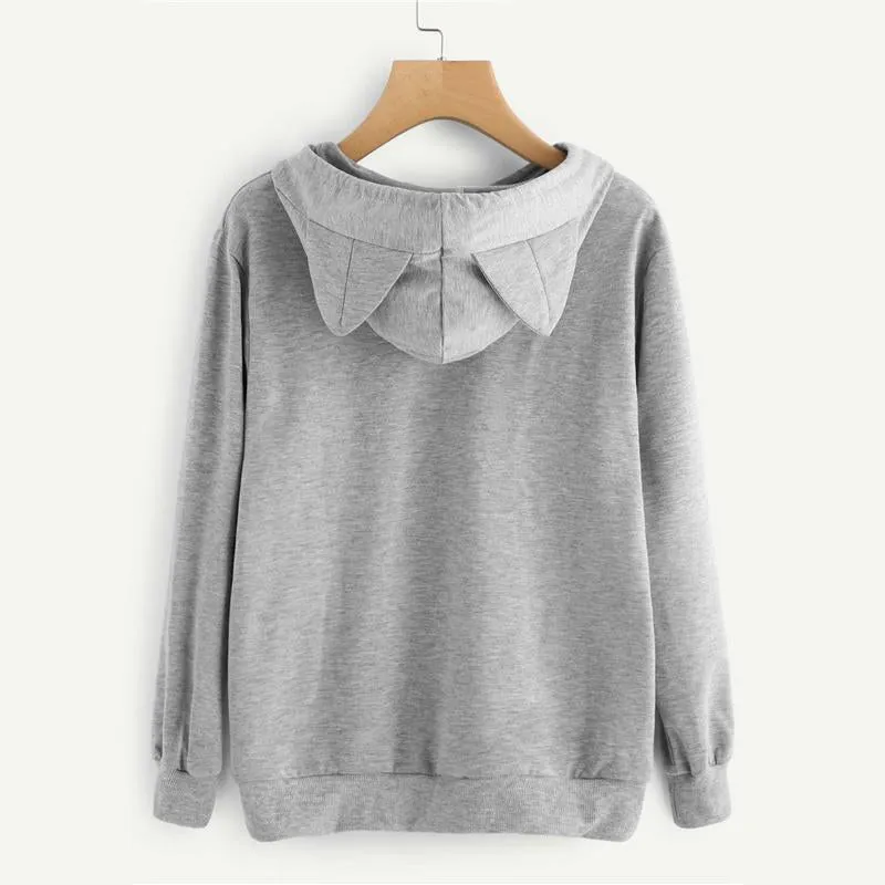 Grey Slogan Print Front Cat Ear Cute Sweatshirt