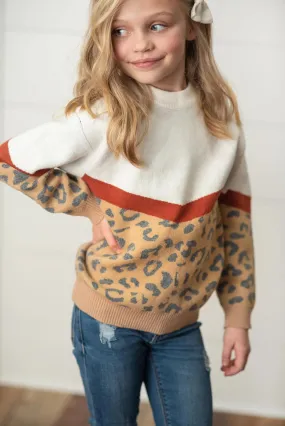 HUNTIQUE | Leopard & Rust | Color Block Crew Neck Sweater