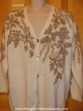 Ivory Funny Ugly Sweater with Gold Poinsettias 80s Bling