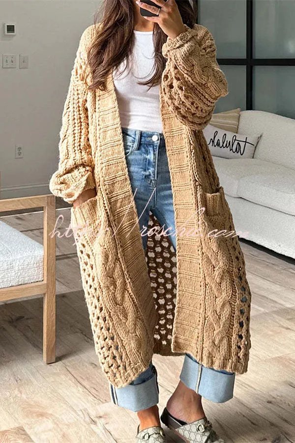 Jamila Knit Cable Cotout Long Sleeve Pocket Oversized Midi Cardigan