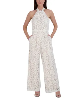 julia jordan women's lace wide leg jumpsuit with crew neck