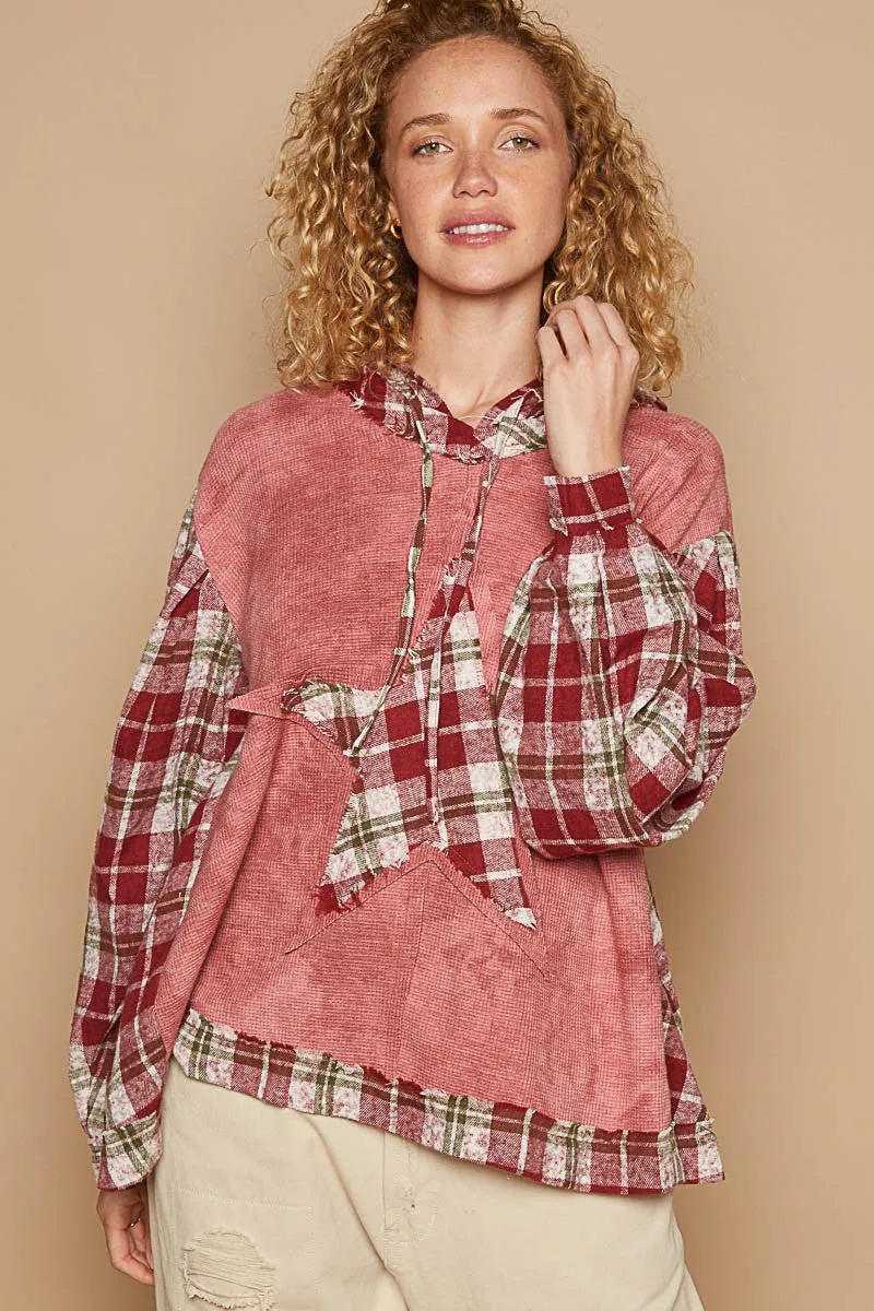 kesley Star Patch Plaid Long Sleeve Hooded Top