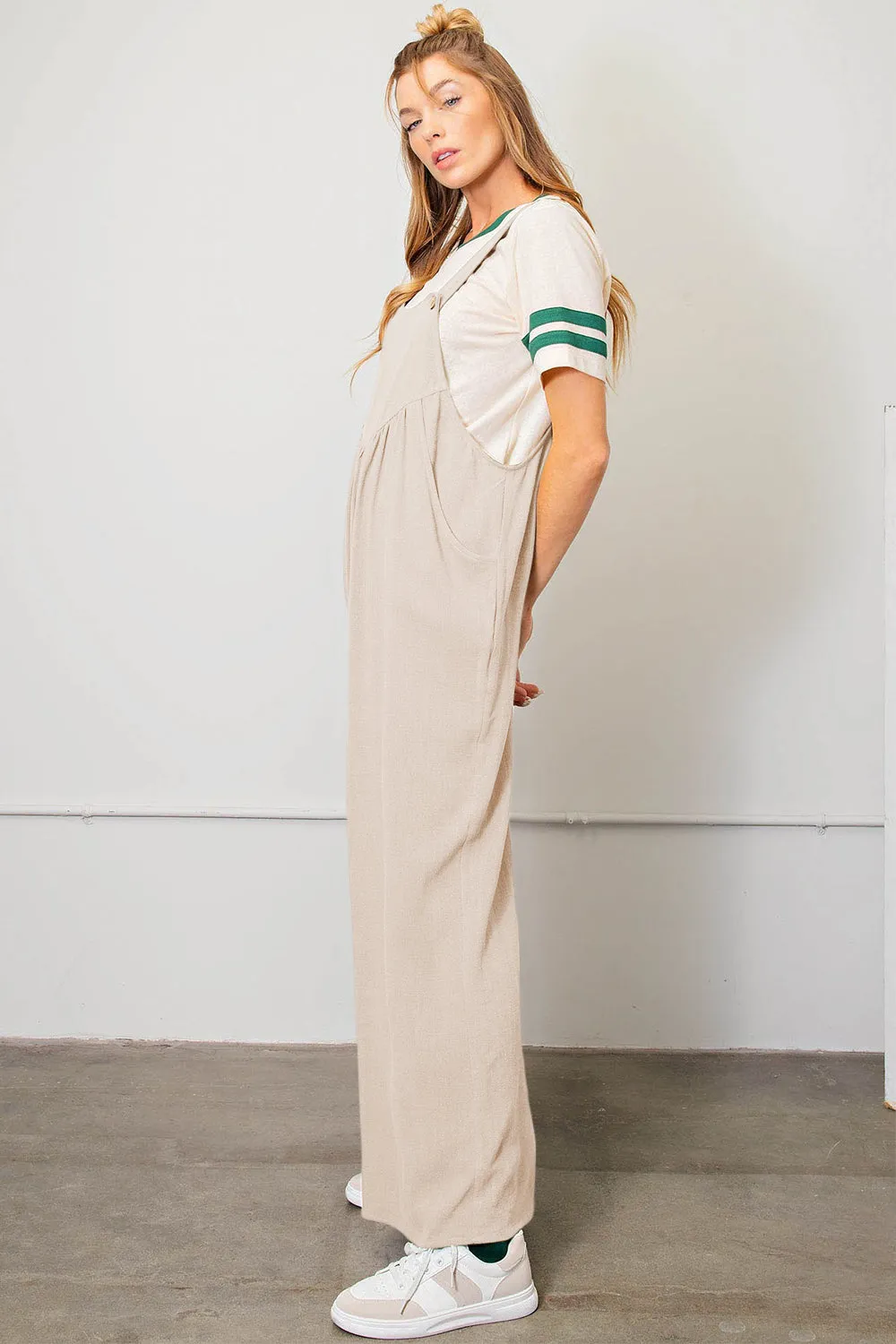 Kori America Sleeveless Ruched Wide Leg Overalls