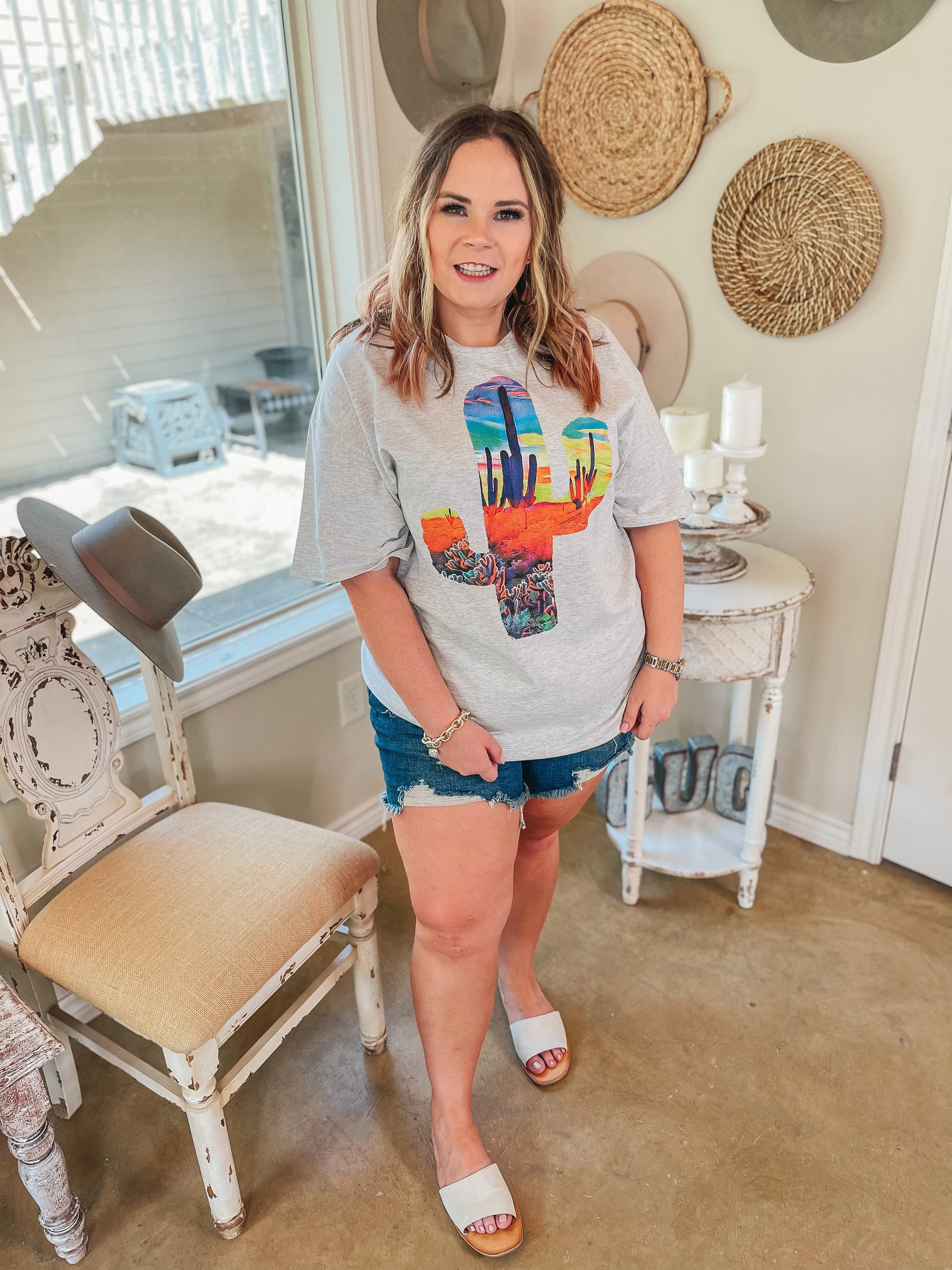 Last Chance Size Small | Painted Desert Saguaro Short Sleeve Graphic Tee in Heather Grey