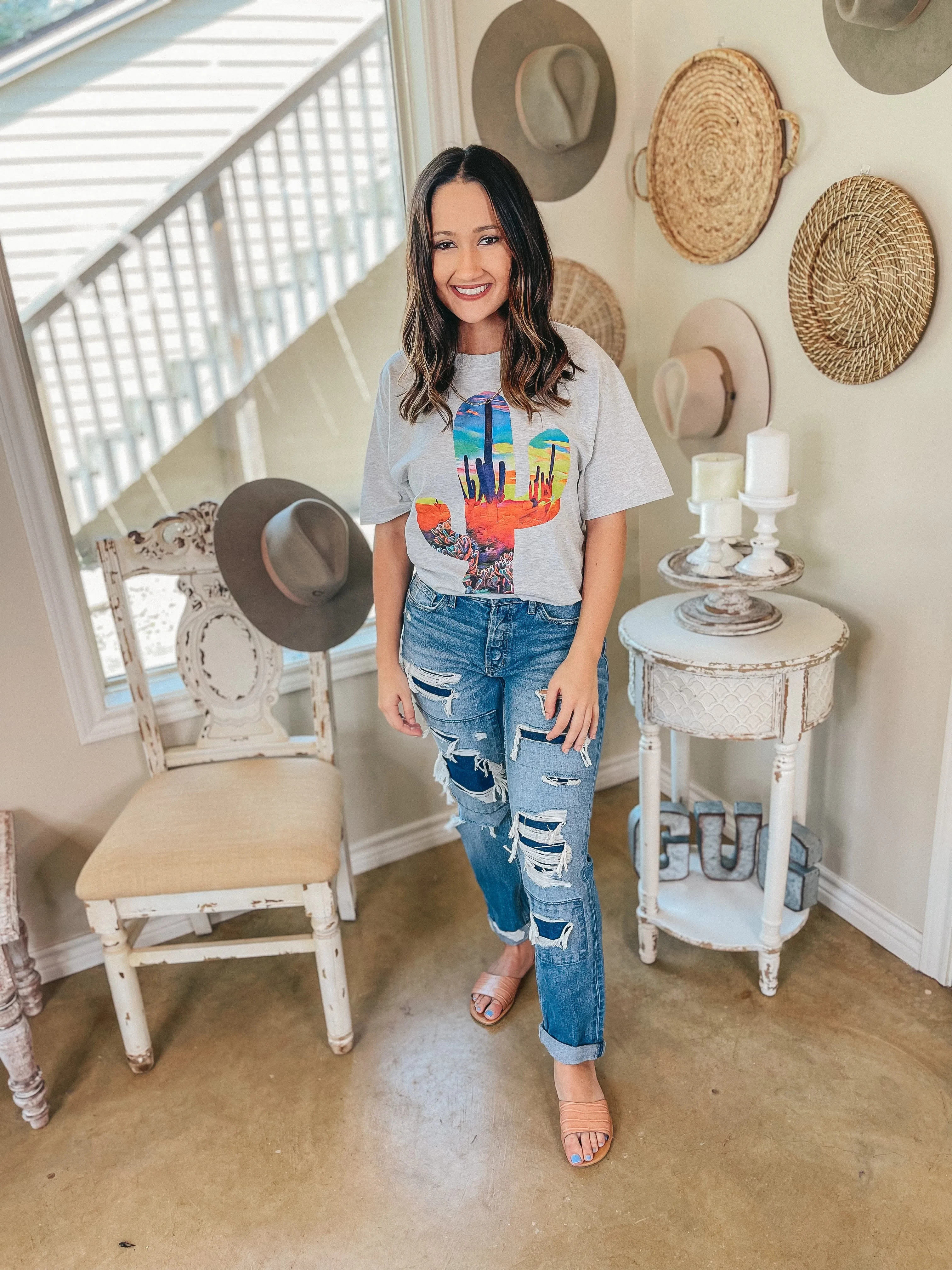 Last Chance Size Small | Painted Desert Saguaro Short Sleeve Graphic Tee in Heather Grey