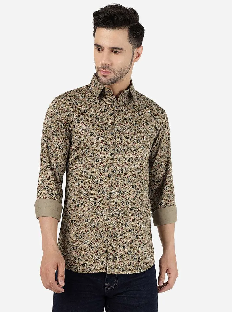 Light Olive Printed Slim Fit Casual Shirt | JadeBlue