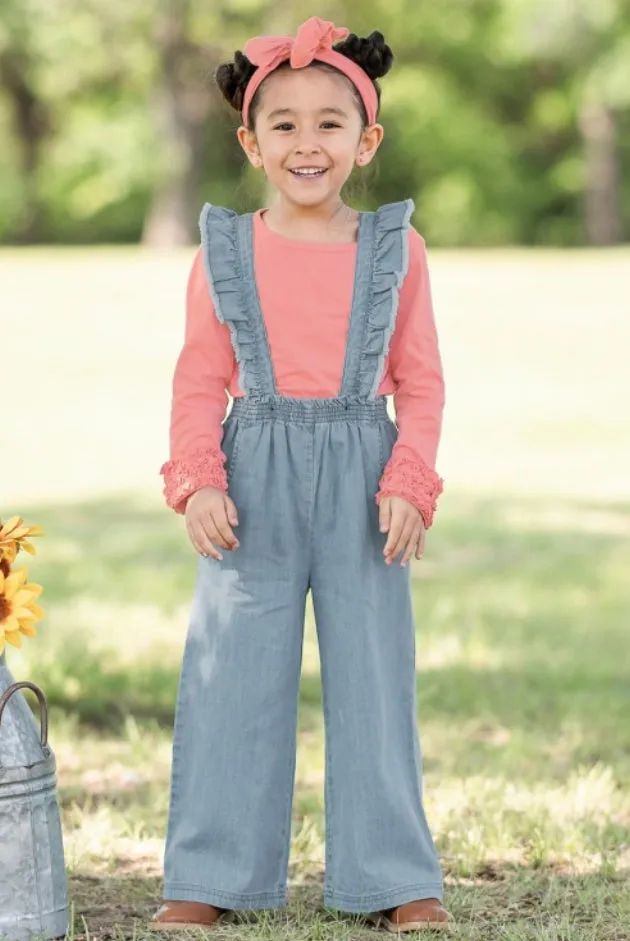 Light Wash Denim Ruffle Overalls