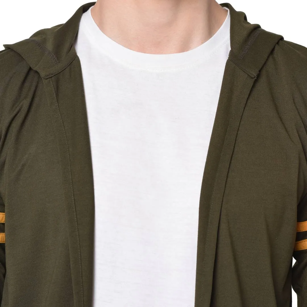 Men's Green Cotton Long Sleeves Self Pattern Hooded Cardigan