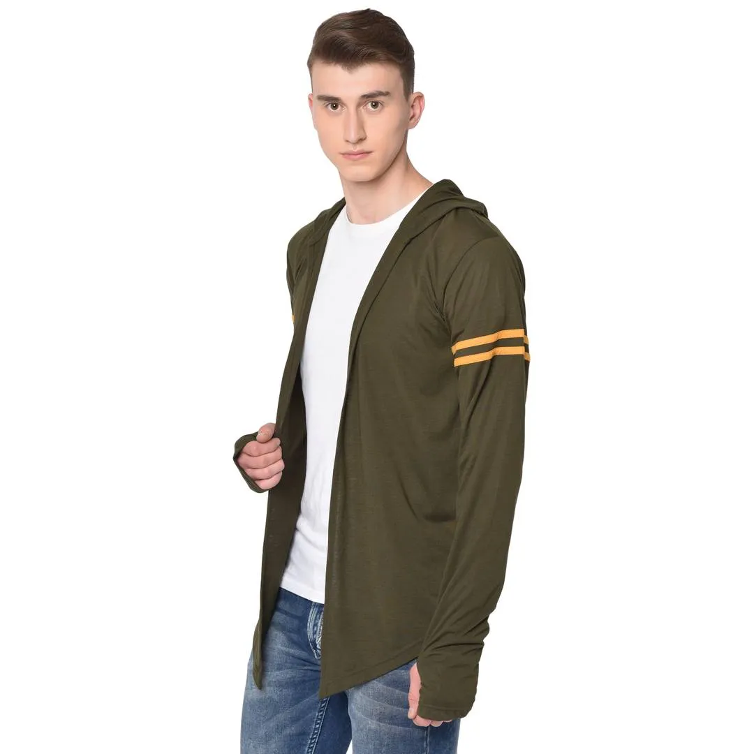 Men's Green Cotton Long Sleeves Self Pattern Hooded Cardigan