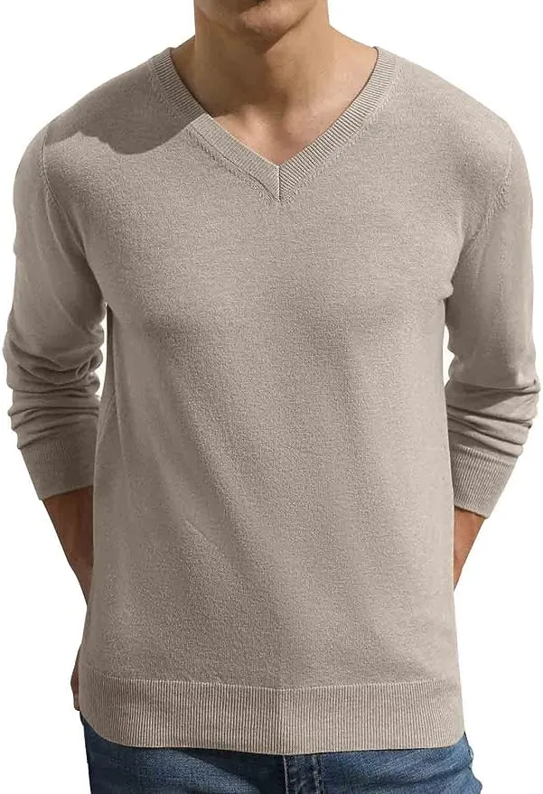 Men's V-Neck Casual Sweater Structured Knit Pullover - Khaki