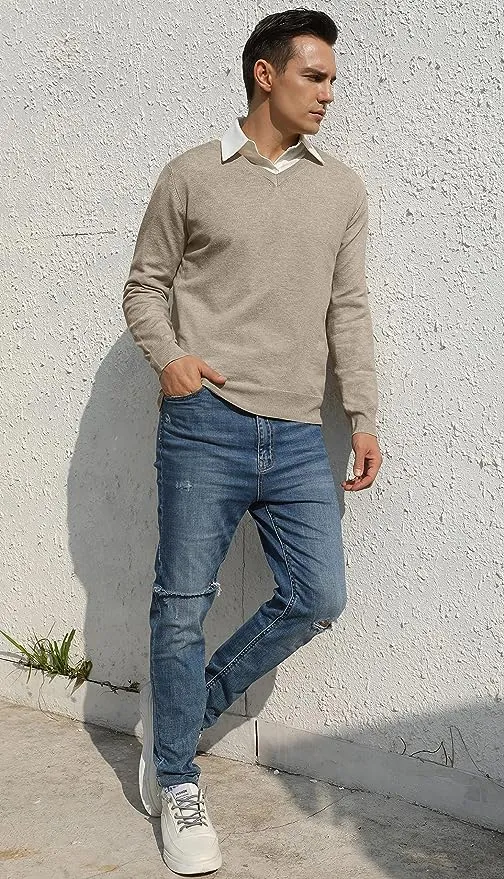 Men's V-Neck Casual Sweater Structured Knit Pullover - Khaki