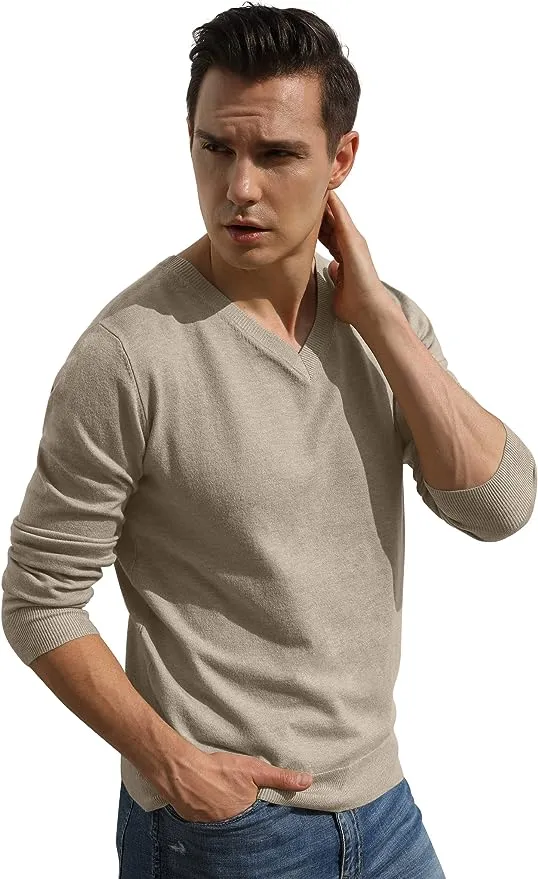 Men's V-Neck Casual Sweater Structured Knit Pullover - Khaki