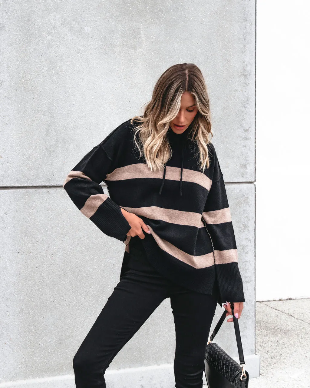 Muse By Magnolia Black and Taupe Striped Hooded Sweater - FINAL SALE