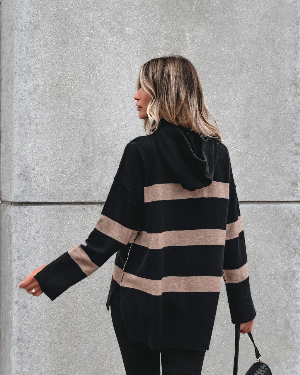 Muse By Magnolia Black and Taupe Striped Hooded Sweater - FINAL SALE