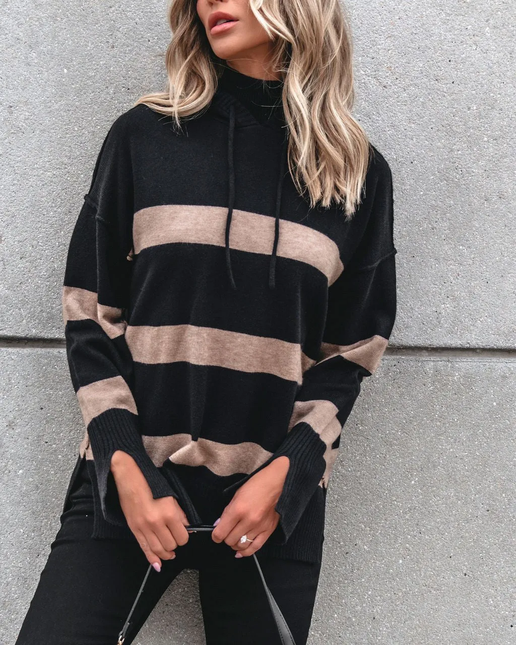 Muse By Magnolia Black and Taupe Striped Hooded Sweater - FINAL SALE