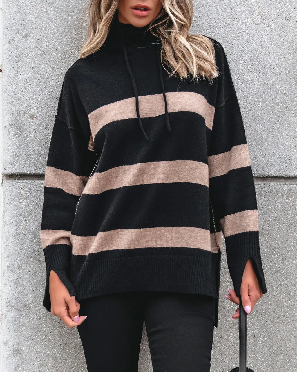 Muse By Magnolia Black and Taupe Striped Hooded Sweater - FINAL SALE