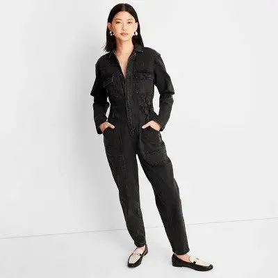 New - Universal Thread Women's Long Sleeve Denim Jumpsuit Wide-Leg Overalls