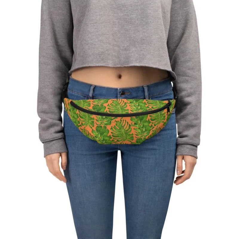 Orange Tropical Fanny Pack, Tropical Leaf Print Designer Waist Belt Bag Fanny Pack Waist Bag- Made in USA