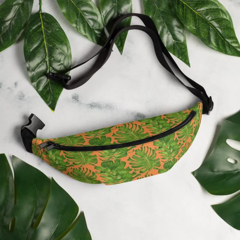 Orange Tropical Fanny Pack, Tropical Leaf Print Designer Waist Belt Bag Fanny Pack Waist Bag- Made in USA